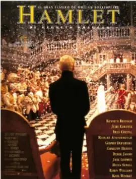 Cartel de la película Hamlet (1996) de Kenneth Branagh, con el personaje de espaldas ante una gran escenografía teatral.