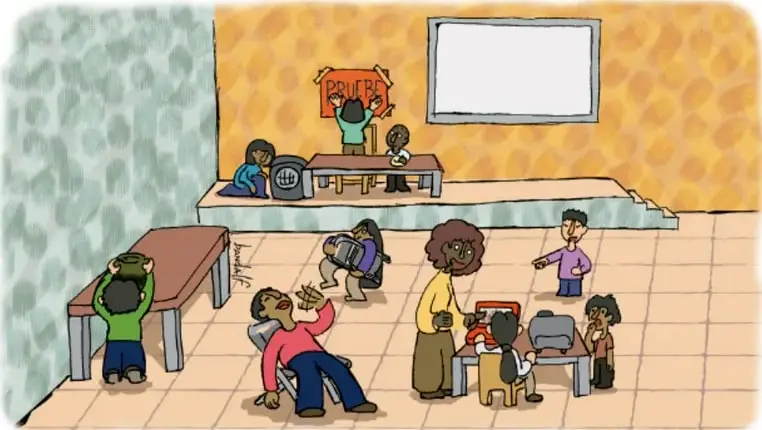 Ilustración de un grupo de personas en un salón organizando una conferencia. Al fondo hay una pizarra con un cartel que dice 'PINTURA'. Varias personas conversan y una está sentada en una silla. Al pie: 'Julio César Banda Tecalco, VERACRUZ'.