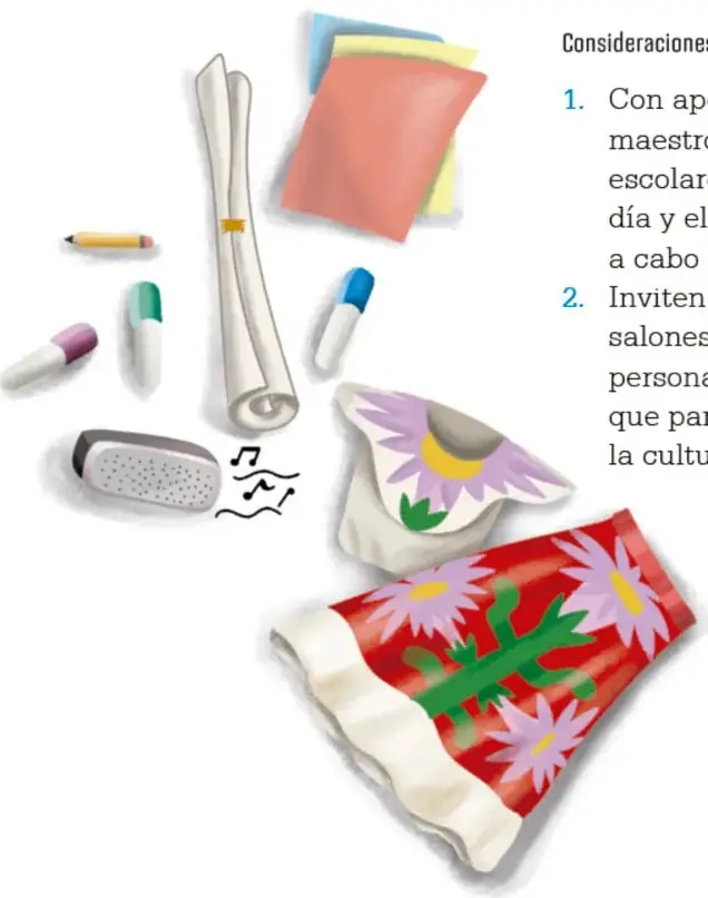 Ilustración de materiales escolares: cartulinas de colores, plumones, goma, reproductor de música y una tela con flores típicas.