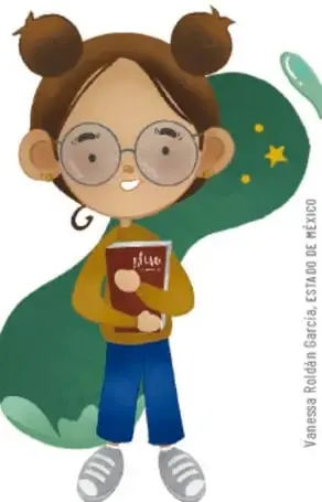 Ilustración de una niña con lentes y dos chonguitos, sosteniendo un libro rojo, rodeada de hojas verdes y estrellas. Crédito: Vanessa Roldán García, Estudio de México.