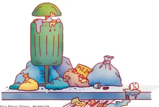 Ilustración de una bolsa plástica con la palabra 'RECICLA' y una lata de refresco.