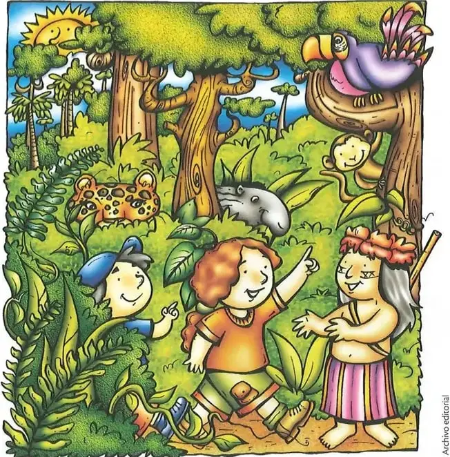 Pequeña ilustración de niños que sostienen banderas del Ecuador.