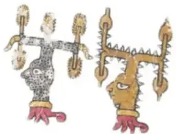 Dos figuras humanas con máscaras y atuendos, una con un objeto en la mano, en actitud de ofrenda.