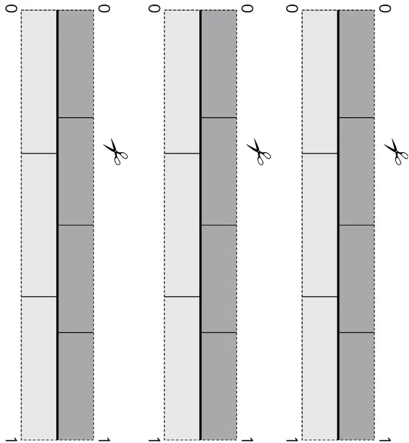 Tres cintas rectangulares verticales divididas en 5 partes iguales cada una, con una parte sombreada de gris oscuro. Líneas punteadas indican dónde recortar.