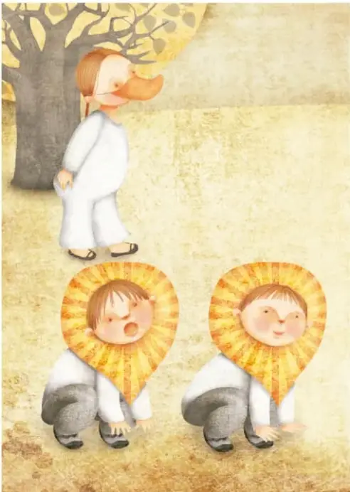 Junto a un árbol y al sol, un niño con nariz de pato y dos niños con capuchas amarillas de girasol caminan encorvados por un campo dorado.