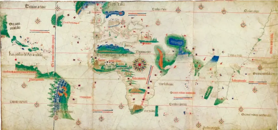 Mapa histórico portulano con la línea divisoria del Tratado de Tordesillas, mostrando las rutas de exploración de Castilla y Portugal en el Atlántico.