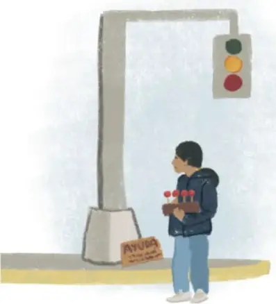 Niño de pie junto a un semáforo, sostiene dulces y un cartel que dice 'AYUDA'.