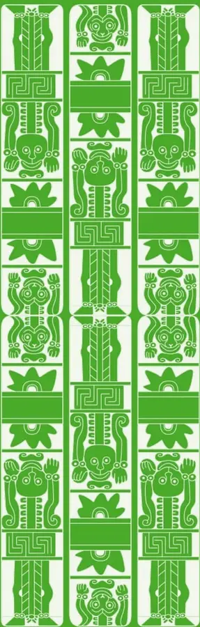 Decoración de estilo prehispánico en tonos verdes: tres columnas verticales con figuras estilizadas (rostros, flores, elementos geométricos tipo grecas), que evocan la tradición gráfica indígena mexicana y el tema de memoria y tradición.