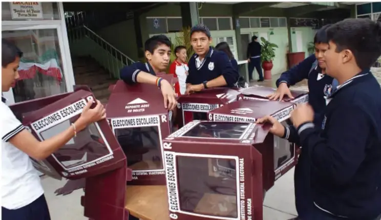 Fotografía de estudiantes de secundaria, con uniforme escolar, depositando boletas en urnas de cartón rotuladas "ELECCIONES ESCOLARES"; al fondo se observa un patio escolar con otras personas.