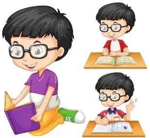 Tres viñetas de un niño con anteojos leyendo y escribiendo en libros y cuadernos.
