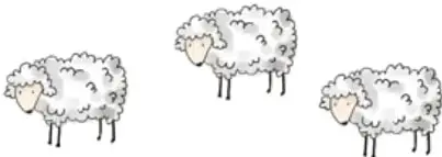 Tres ovejas de lana blanca dibujadas sobre el pasto.