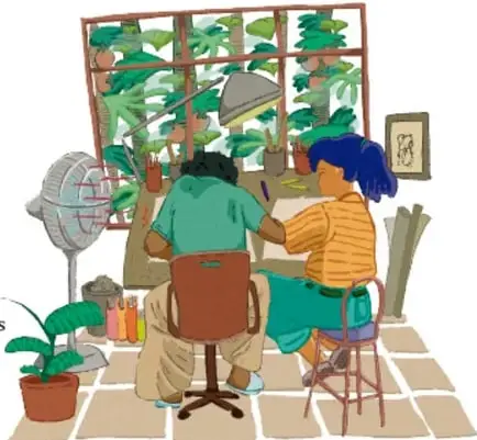 Ilustración de dos estudiantes trabajando en un escritorio con plantas, ventilador y objetos de arte; crédito a Luis Fernando Sotelo Gaspar, Querétaro.