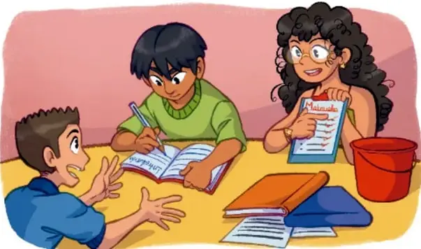 Ilustración de tres estudiantes trabajando juntos en una mesa con libros, cuadernos, un timer y una cubeta; uno escribe, otro conversa y una estudiante sostiene una lista de actividades. Crédito: Karla Esmeralda Mata Medina, Tamaulipas.