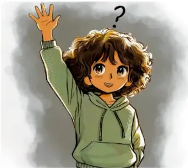 Ilustración de una niña de cabello rizado con sudadera verde, levantando la mano con una interrogante sobre su cabeza. Crédito: Elf Fabián López López, GUERRERO.