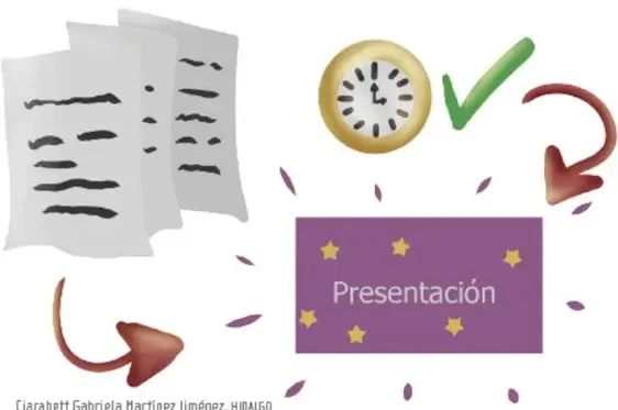 Ilustración con notas escritas, un reloj, un check verde, una flecha roja y un recuadro morado con la palabra 'Presentación', de autora Ciarebitt Gabriela Martínez Jiménez, Hidalgo.
