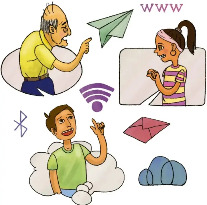 Ilustración a color: un abuelo de camisa amarilla lanza o señala un avión de papel verde; a su derecha una niña de moño rosa aparece junto a la pantalla de una computadora con las letras WWW moradas; abajo, un niño de camisa verde asoma entre nubes señalando el símbolo morado de wi-fi; cerca hay un símbolo morado de Bluetooth, un sobre rosa y una nube azul.