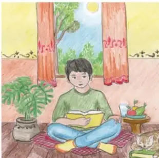 Ilustración de un niño leyendo en su habitación con planta, fruta y gato; pie de foto: Gabriel Ramón García, Veracruz.