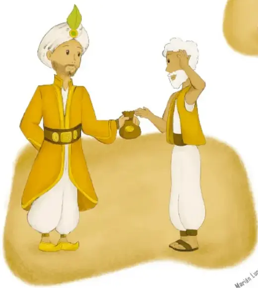 El sultán, en túnica amarilla con turbante, entrega una bolsa de monedas al anciano, quien se inclina con respeto.