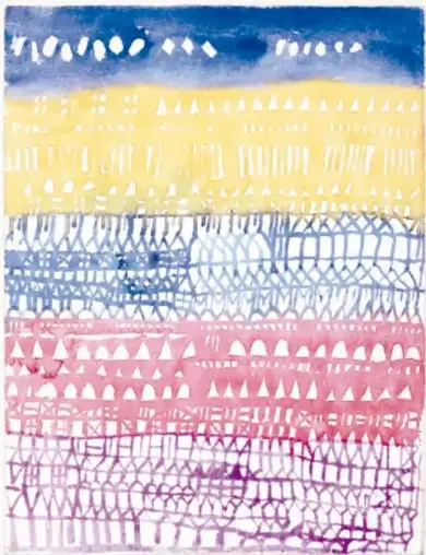 Ciudad vieja (Resumen), 1928: franjas horizontales de azul, amarillo, azul lavanda, rosa y morado, cubiertas de pequeñas marcas blancas alineadas como notas sobre las líneas de un pentagrama.