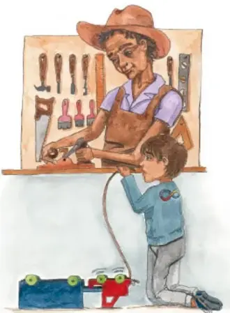 Ilustración de un artesano con sombrero y mandil, de pie en su taller rodeado de herramientas (mazos, formones, etc.), que enseña a un niño arrodillado a trabajar con una herramienta. Crédito: Angélica Guadalupe Mendía Martínez, Baja California Sur.