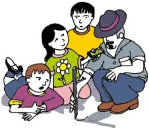 Ilustración de tres niños sentados en el suelo conversando con una mujer y un hombre de sombrero, escena de entrevista comunitaria. Crédito: Rutilla Vega Rubio, Tlaxcala.
