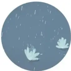 Ilustración circular gris azulada de lluvia cayendo y unas flores pequeñas.