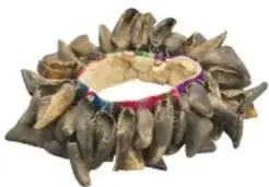 Fotografía de unas chajchas: sonajero circular hecho de pezuñas de cabra unidas con cintas de colores.