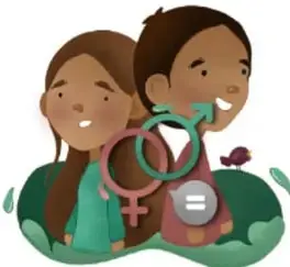Ilustración de dos niños abrazados; uno sostiene un estetoscopio y un símbolo de reciclaje, el otro una planta. Transmite unidad y cuidado.