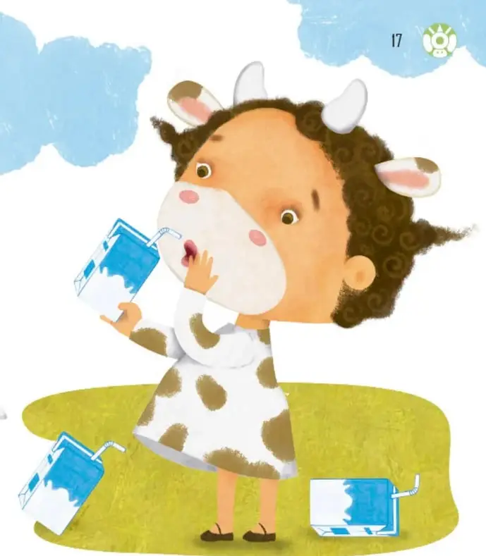 Niña disfrazada de vaca bebiendo leche de un envase azul, con varios envases de leche en el pasto.