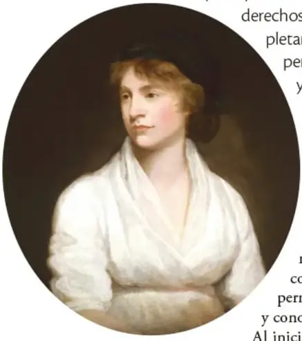 Retrato al óleo de Mary Wollstonecraft, con el cabello castaño claro recogido bajo un sombrero oscuro y vestido blanco de cuello alto, en recorte circular.