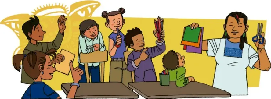 Ilustración de un grupo de niñas y niños trabajando en equipo con hojas, colores y tijeras, guiados por una maestra.