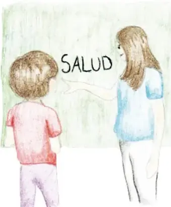 Ilustración de dos estudiantes frente a un pizarrón con la palabra SALUD; crédito Festus, Ciudad de México.