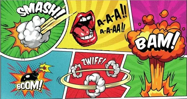 Panel de cómic estilo manga/comic occidental con onomatopeyas: 'SMASH!', 'AAARGH!', 'BAM!', 'BOOM!', 'TWEEEE!'