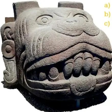 Fotografía de una escultura prehispánica de piedra con rostro tallado y colmillos, posiblemente una cabeza de serpiente o de animal mitológico.