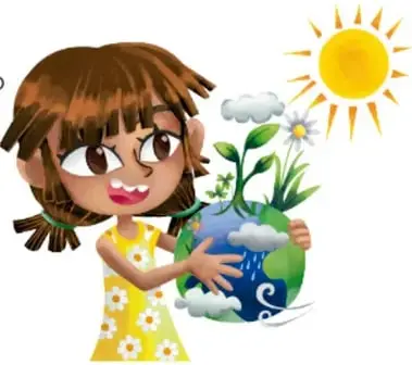 Ilustración de una niña abrazando el planeta con plantas, sol y nubes; autoría de Armando Amezcua Mora, Guanajuato.