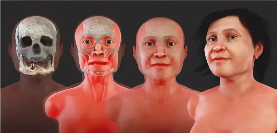 Secuencia de cuatro imágenes que muestran el proceso de reconstrucción facial: primero el cráneo real, luego la adición de capas musculares, después más tejidos y, finalmente, el rostro completo de una mujer con cabello oscuro, sobre fondo negro.