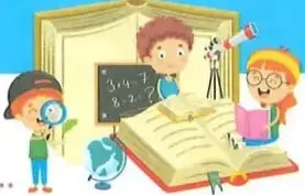 Ilustración decorativa de niños realizando actividades escolares.