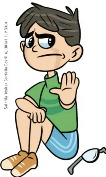 Ilustración de un niño sentado en el suelo, con expresión triste y gesticulando con la mano, junto a unos lentes tirados; ilustración de Saltyve Yoselin Gordillo Castilla, UNAM de México.