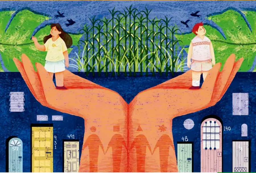 Ilustración de dos manos abiertas que sostienen a dos niñas sobre un paisaje con maíz, casas y puertas numeradas; alude al cuidado comunitario. Ilustradora: Sarah Esther Legorreta Medrano, Colima.