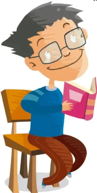 Ilustración de un niño con lentes sentado en una silla, sosteniendo un libro abierto de color rosa.