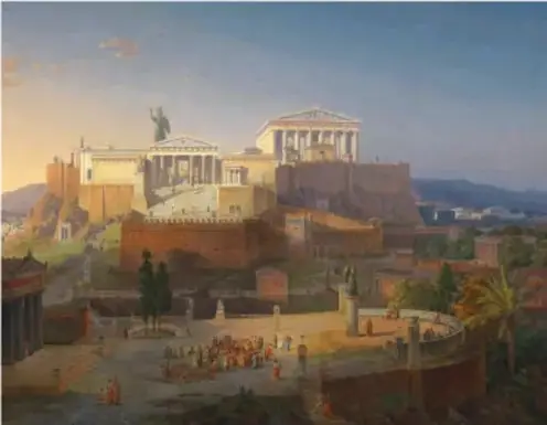 Pintura de la Acrópolis de Atenas con el Partenón, evocando la Grecia clásica.