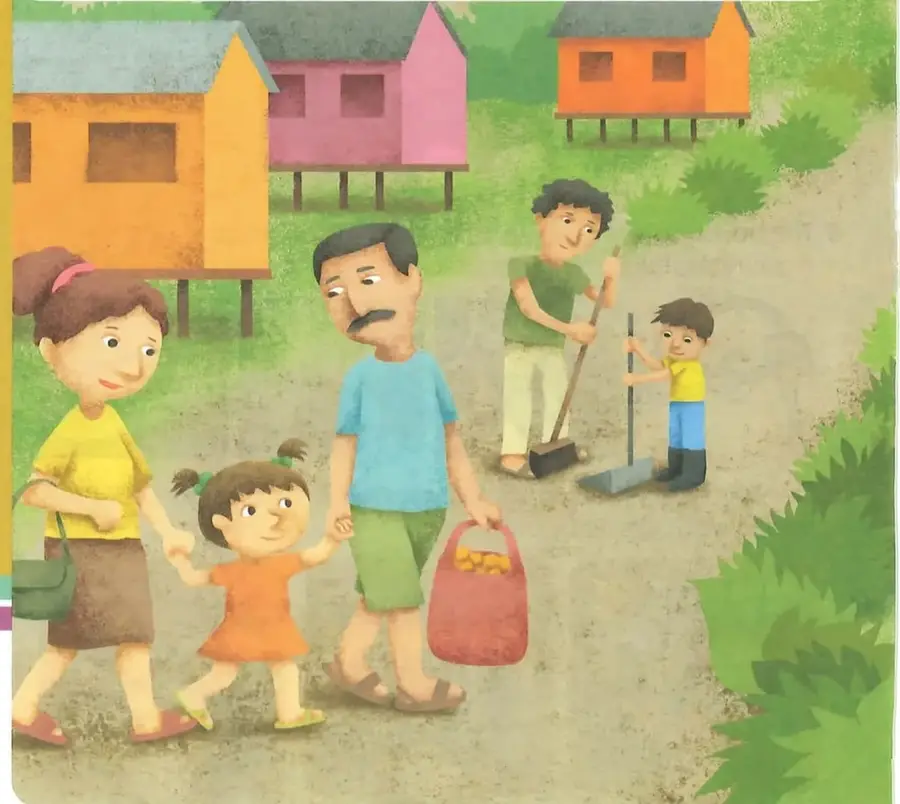 Ilustración de varios integrantes de una familia caminando y colaborando en un entorno comunitario.