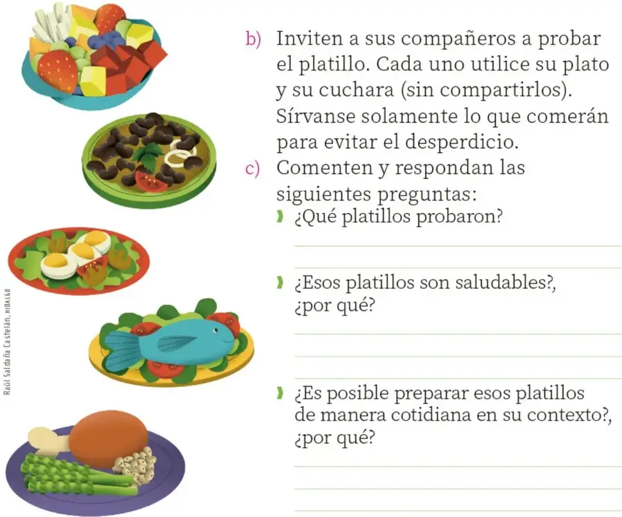 Cinco platos ilustrados: ensalada de frutas, frijoles con cebolla y jitomate, ensalada de lechuga con huevo cocido, pescado con ensalada y pollo con espárragos y papas.