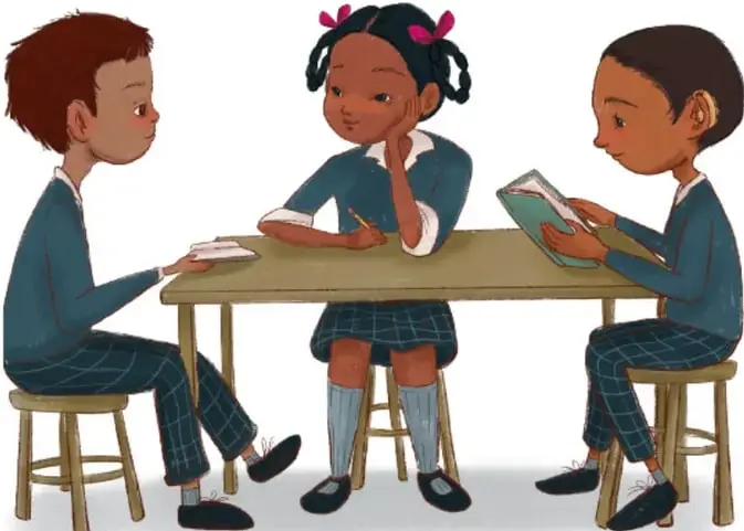 Ilustración de tres estudiantes sentados en un mesa de trabajo colaborativo; uno sostiene un cuaderno, otro apoya la cabeza pensando y el tercero escribe en una libreta. Crédito: Francisco Fabián Murillo Ruiz, Guanajuato.