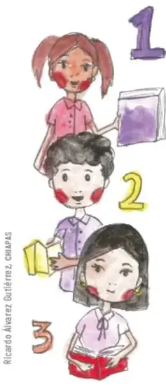 Ilustración a acuarela de cinco niños enumerados del 1 al 5: una niña con coletas carga un libro morado, un niño sostiene hojas amarillas, una niña lee un libro rojo y dos niños conversan. Firma de Ricardo Álvarez Gutiérrez, Chiapas.