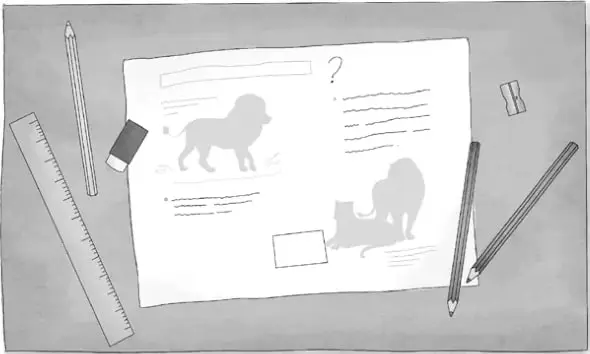 Ilustración de un escritorio con una infografía sobre animales (un león y un gato), un lápiz, una regla, una goma y clips.