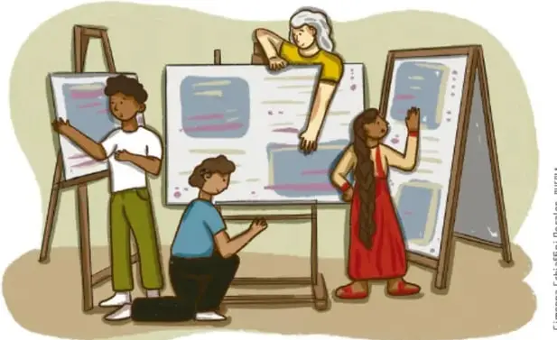 Ilustración de cuatro estudiantes preparando y colgando láminas y carteles en un periódico mural.