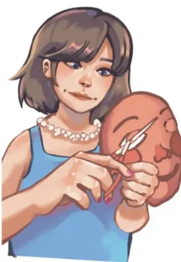 Ilustración de una niña que recorta con tijeras una máscara de cartón en forma de rostro; crédito: Abigail Godoy Araujo, Querétaro.