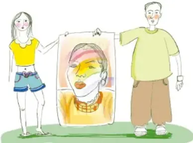 Ilustración de dos jóvenes sosteniendo un cartel con un rostro estilizado; crédito: Nidia Alejandra Hernández Hernández, CIUDAD DE MÉXICO.