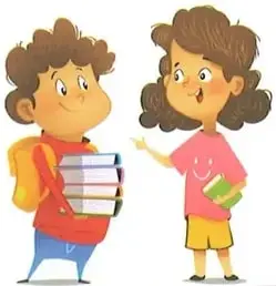 Ilustración de dos estudiantes conversando; uno lleva varios libros y la otra sostiene un libro.
